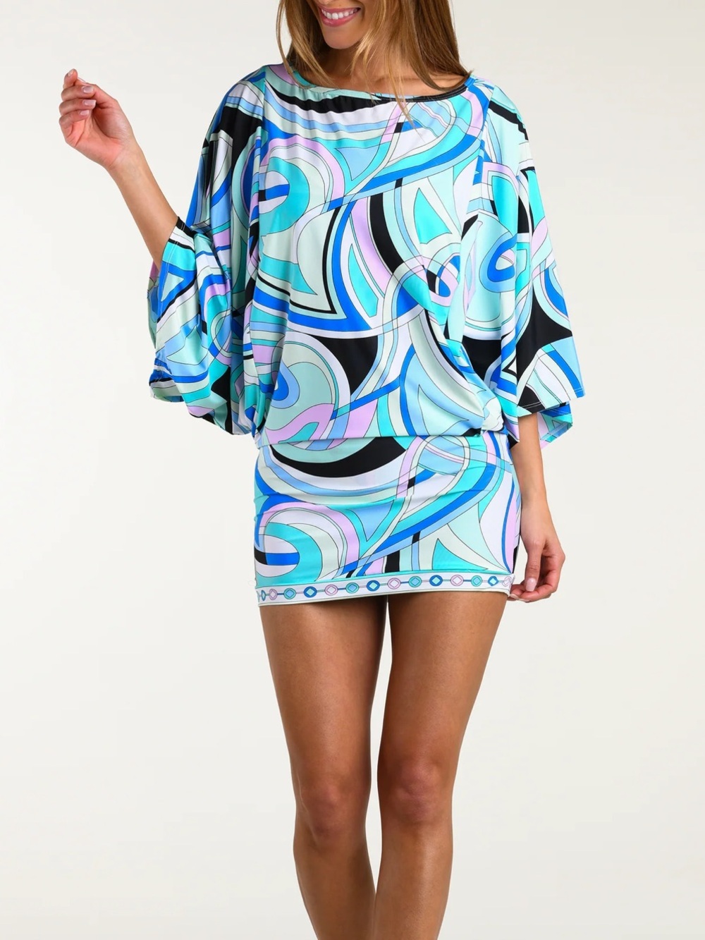 Blue Multi-Pattern Swim Coverup Mini Dress